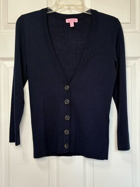 Lilly Pulitzer Kaitlin Cardigan Sweater Womens Medium Navy Blue Goldtone Buttons